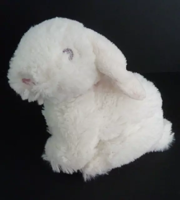 912. DOUDOU PELUCHE TEX BABY CARREFOUR LAPIN blanc rose pois 13c assis EXC. ETAT