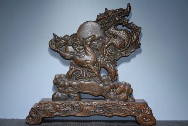 Chinese Vintage Rosewood Carved Dragon Horse Statue Screen Wooden Home Decor Art