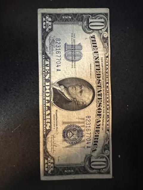 Series 1934 C $10 Dollar Bill Blue Seal Silver Certificate