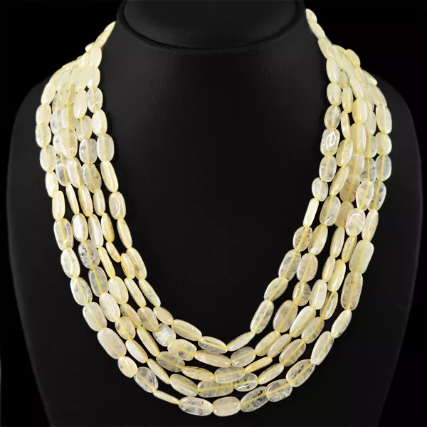 Beautiful 516.45 Cts Natural 5 Line Yellow Aventurine Oval Beads Necklace (Rs)