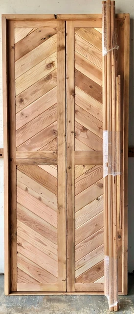 Rustic reclaimed double square door solid wood Doug Fir Chevron pattern no stain 6