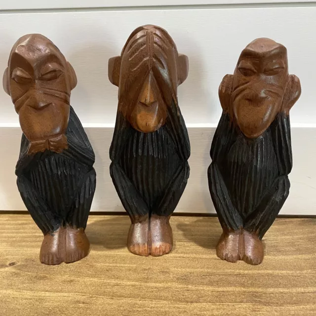 African Hand Carved Wooden 3 Wise Monkeys Hear See Speak No Evil 7” Tall