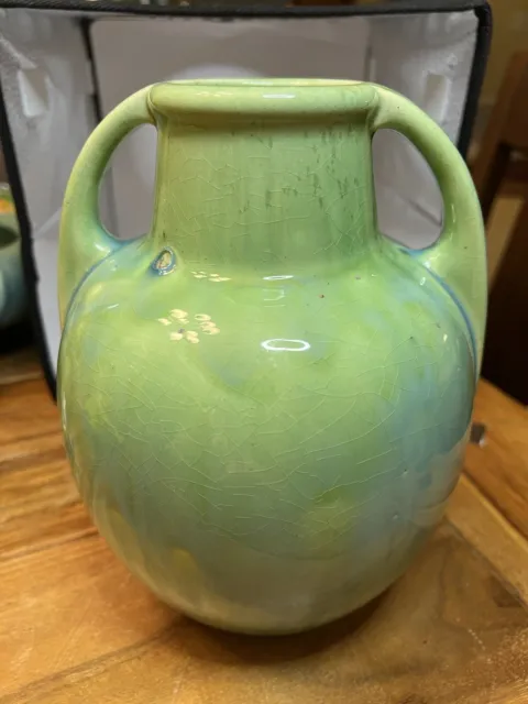 Vintage Fulper Pottery Bright Aqua and Teal Green #643 Handled Vase 8"