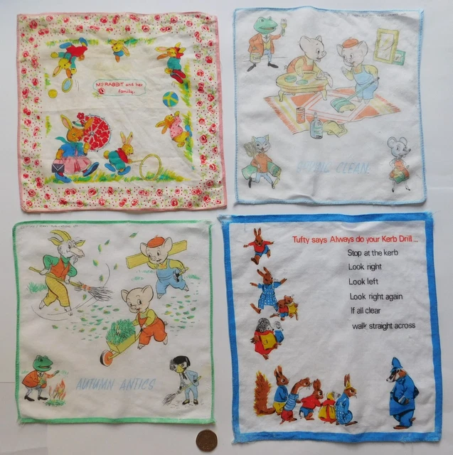 4 bambini hankies tufty coda soffice pinky e perky signora coniglio vintage anni '50 kh
