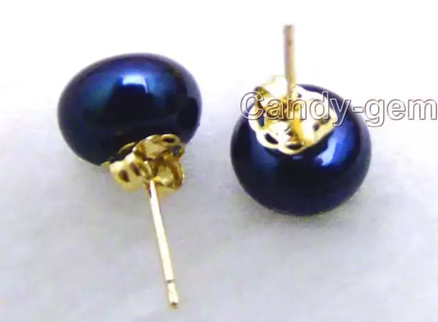 7-8mm Flat Natural Freshwater Black Pearl Earrings for Women 14k Solid Gold Stud