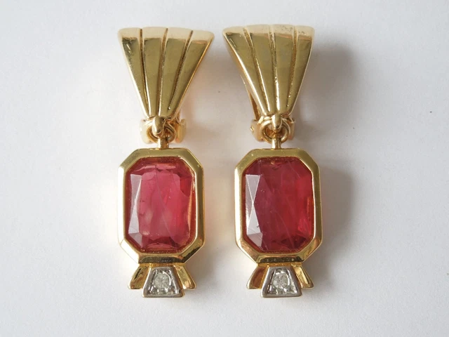 Boucles D'oreilles Clips Vintage En Verre Et Strass Doré - Allemagne, Dimensions 4.6x1.6 Cm