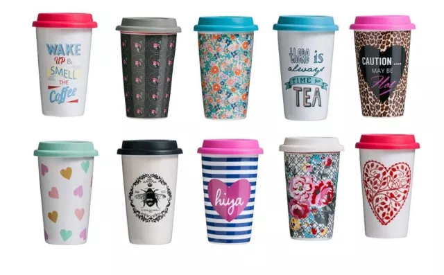 330ml Travel Mug Double Walled Silicone Lid For Coffee Tea 10 Different Designs