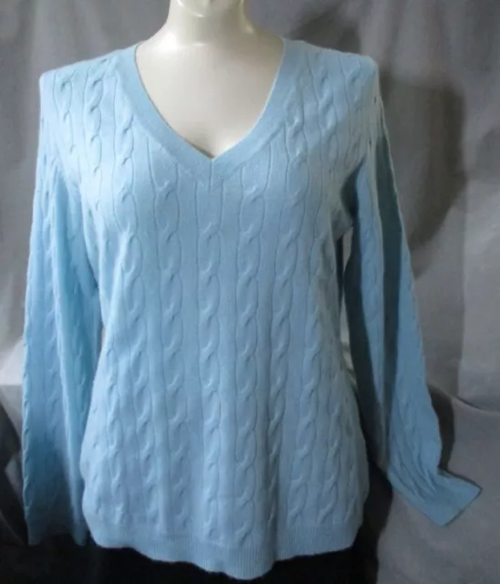 Talbots Womens 100% Pure Cashmere V Neck Pullover Sweater Size L Cable Knit Blue