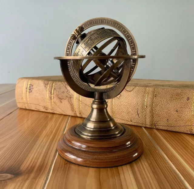 Antiguo Vintage zodiaco armilar latón esfera globo Base de madera...