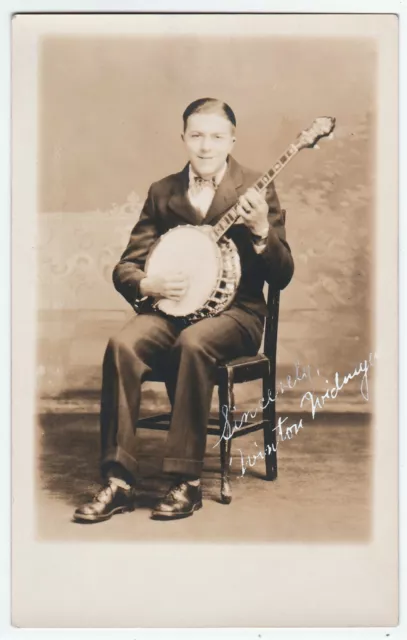 RARE Real Photo Postcard - Banjo Player Signed - Winton W---? ca 1920 RPPC Jazz