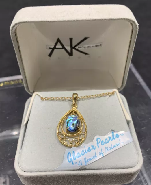 AK Designs Glacier Pearle A Jewel Of Nature Pendant Necklace. Alaska. Gold Tone