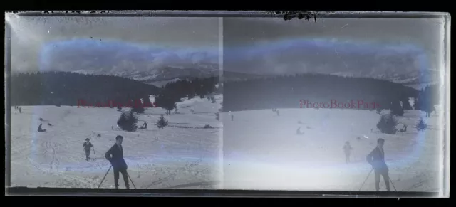 Ski Neige Photo Plaque de verre NEGATIVE c1930 Stereo Vintage PL28L8n