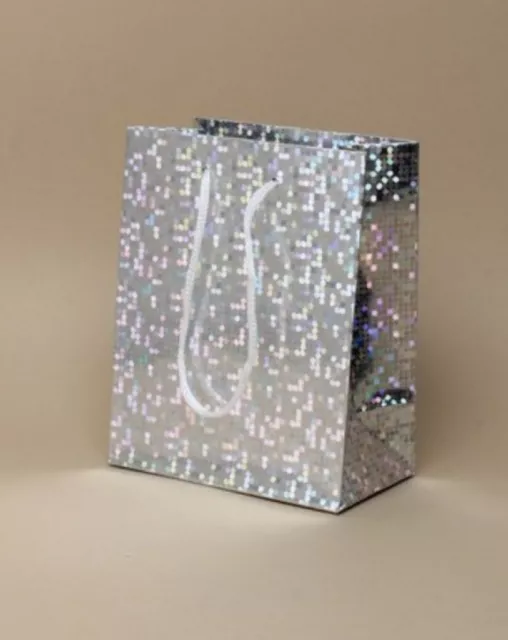 Mini gift bags in silver holographic foil with handles (12 pack)