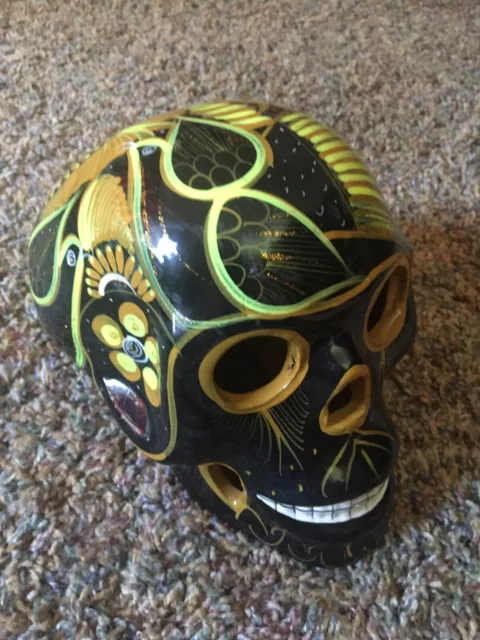 Highly Artistic BLACK Sugar Skull Ceramic~Day of the Dead~Dia de los Muertos