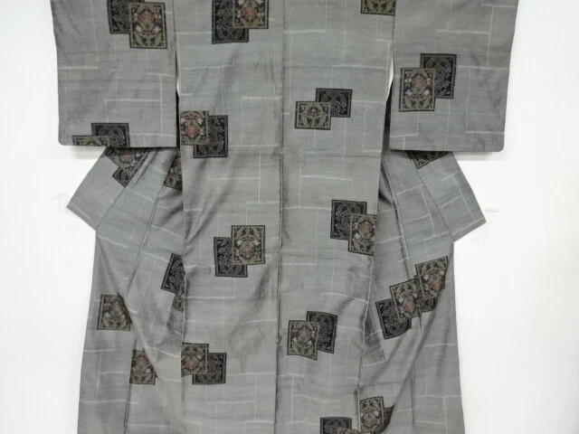 6835021: Japanese Kimono / Antique Kimono / Fushi Tsumugi / Woven Flower