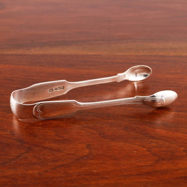John Round English Sterling Silver Sugar Tongs Fiddle Thread 1900 Monogram H