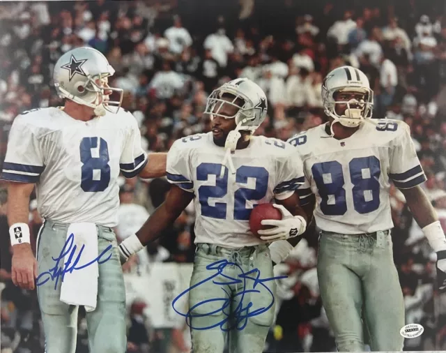 Troy Aikman & Emmitt Smith Dallas Cowboys Autographed Signed 14x11 Photo ACA COA