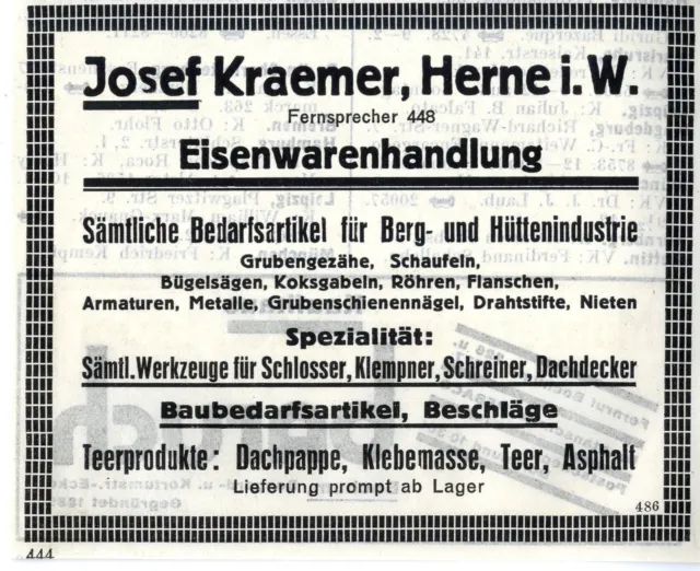 Josef Kraemer Herne i.W. Artikel für Berg- u. Hüttenindustrie  Reklame 1925