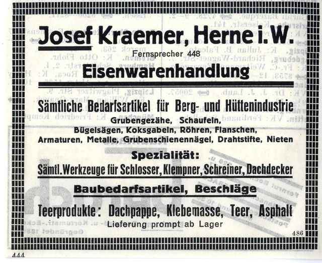 Josef Kraemer Herne i.W. Artikel für Berg- u. Hüttenindustrie  Reklame 1925