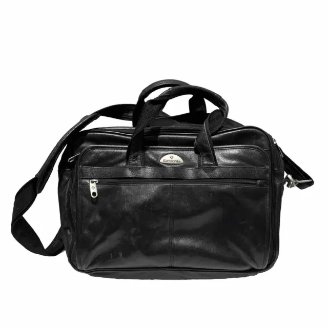 Samsonite Vintage Black Leather Laptop Messenger Bag Expandable Briefcase Large