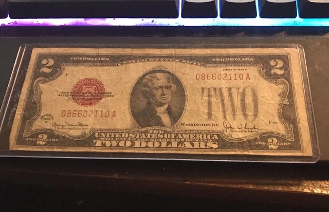 1928-G $2 LEGAL TENDER Jefferson UNITED STATES NOTE Red Seal Mint Error