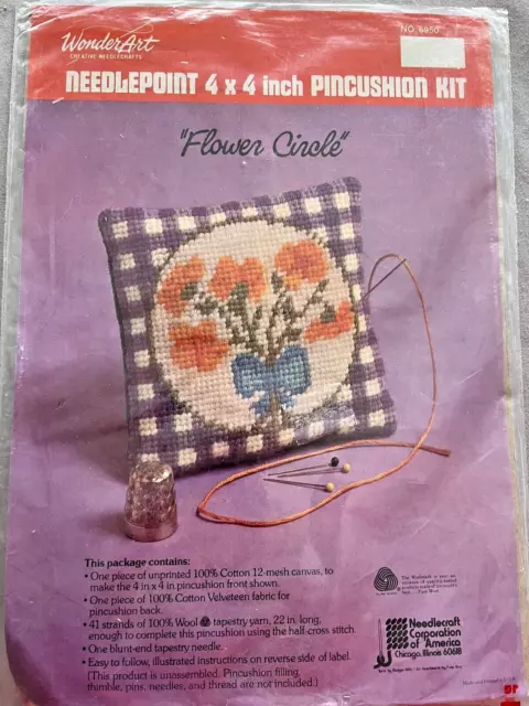 Needlepoint Kit Flower Circle Pin Cushion Keep 4X4 Inch Cottage Core WonderArt