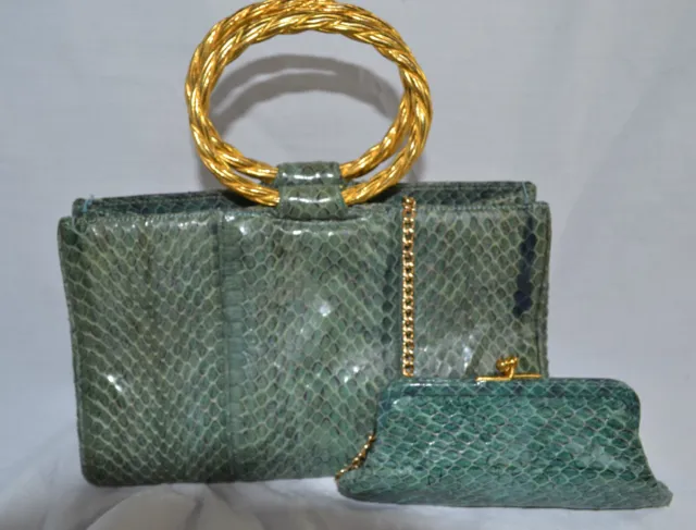 vintage Judith Leiber handbag purse lizard? snakeskin? green gold tone coin purs