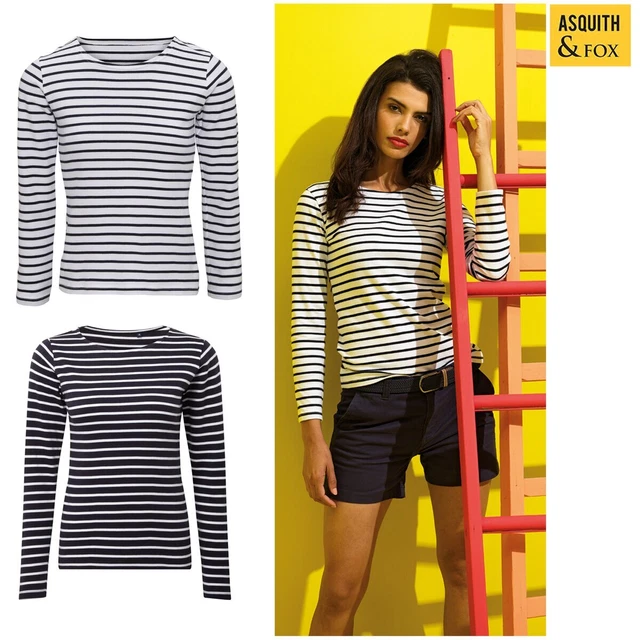 Asquith & Fox T-Shirt in Cotone a Maniche Lunghe Casual Mariniere Da Donna