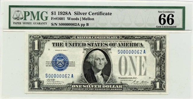 1928A $1 Silver Certificate Fr# 1601 PMG Gem66 EPQ 2 Digit