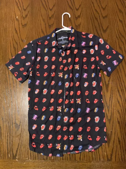 The Rolling Stones Multi Tongue Logo All Over Button Up Down Shirt Black Small