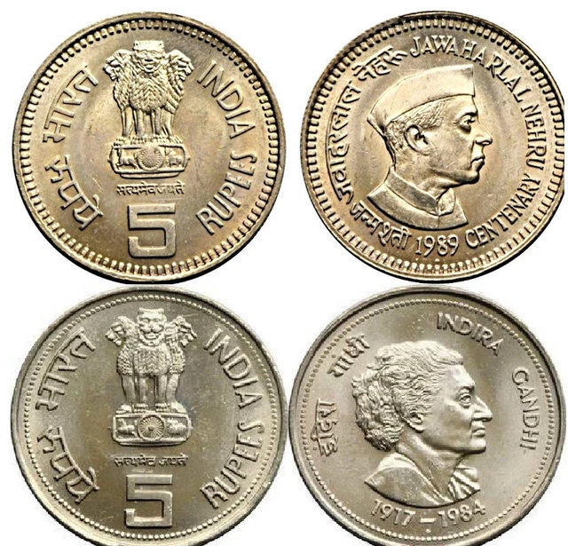 1984-89 INDIA Nehru, Indira Gandhi Copper Nickel Big 5 Rupees Coins UNC set of 2