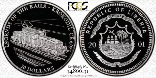 Liberia 2001 $20 Legends of Rails Eisenbahn Krokodil .999 Silver PCGS PR PF 69 2