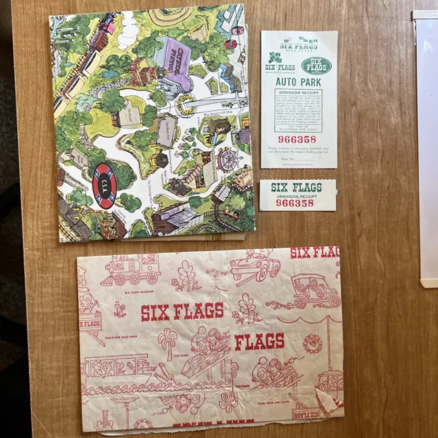 Six Flags Over Georgia Theme Park Souvenir Map, Stub, Bag 1961 Vintage Ephemera