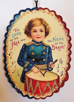 BOY w DRUM, LAND of FREE, HOME of BRAVE  - Glitter JULY 4,  PATRIOTIC ORNAMENT