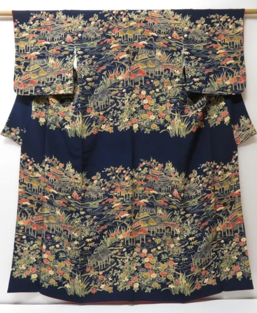 2109T03z940 Vintage Japanese Kimono Crepe Silk TSUKESAGE Flowers Dark navy