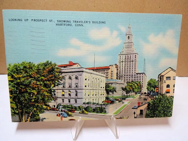 Linen Postcard Prospect Street Showing Travelers Insurance Building Hartford CT