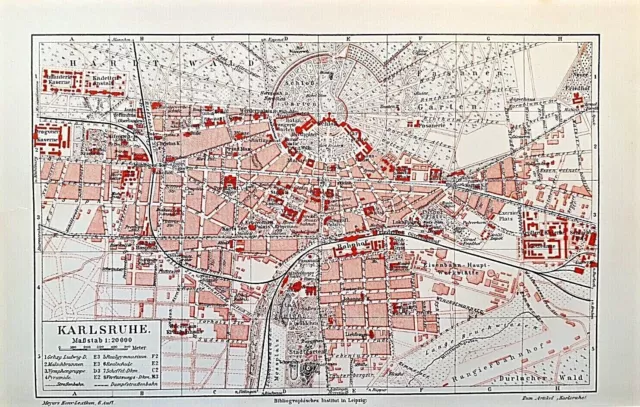 Alte Lithographie, Historischer Stadtplan von Karlsruhe, ca.1920, Bahnhof,Schloß