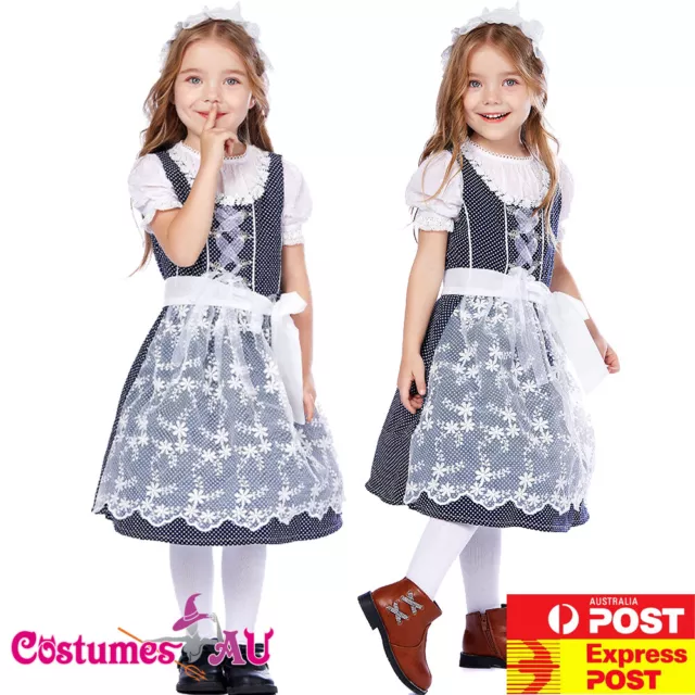 Girls Oktoberfest Beer Maid Costume Blue Kids Child German Bavarian Fancy Dress