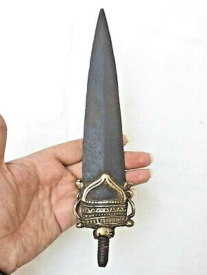 Rare 1800's Old Vintage Antique Iron & Brass Hand Forged Spear Head Lance Dagger
