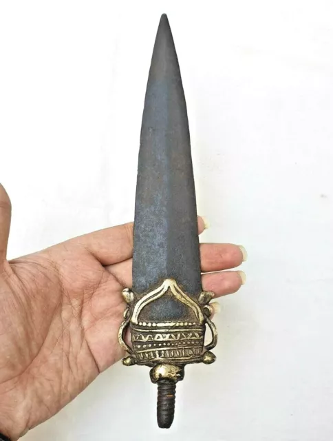 Rare 1800's Old Vintage Antique Iron & Brass Hand Forged Spear Head Lance Dagger