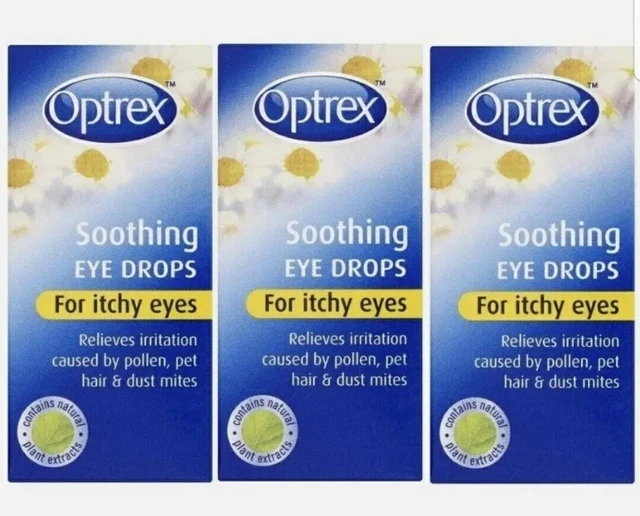 Gotas calmantes para los ojos Optrex para picazón en los ojos (3 x 10 ml) fiebre del heno, alivio de la alergia