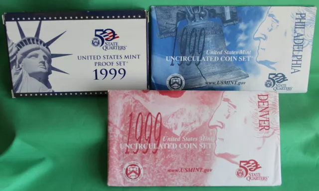 1999 Proof and Uncirculated Annual US Mint Sets PDS 27 Coins 1st State Quarters