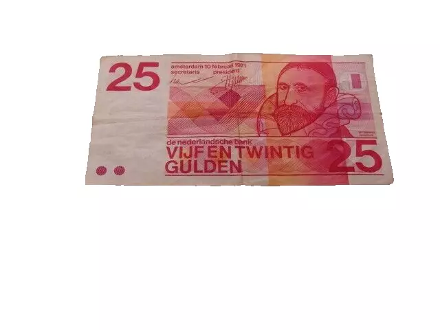 Netherlands==1971==25 Gulden Banknote--10 Digit Note--Circulated
