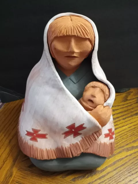Vintage Indian Woman With Baby Wrapped In a Blanket Clay Sculpture Navajo 10''