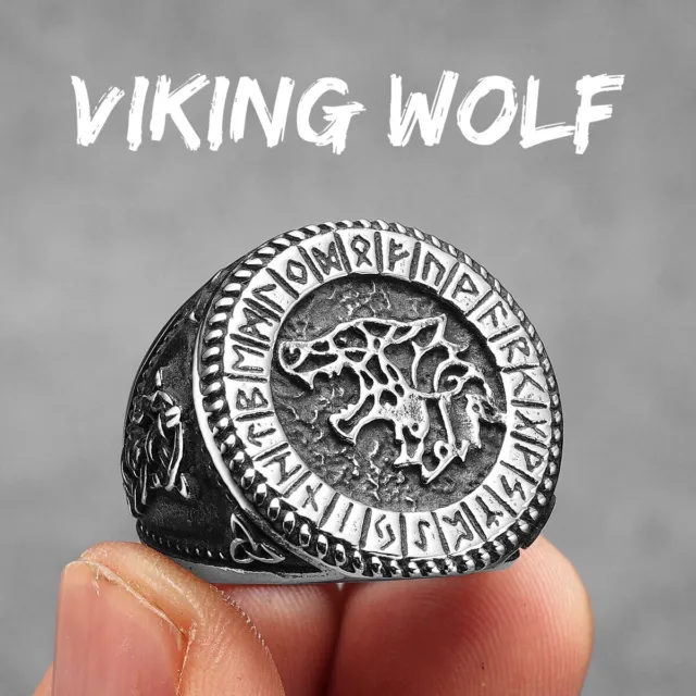 Viking Runes Wolf Ursa Bear Stainless Steel Womens Mens Rings Punk Vintage 2023