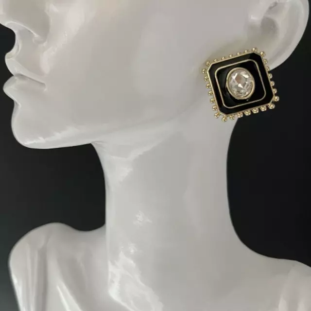 Black Enamel Earrings Gold Tone Square Stud Pierced Post Crystal