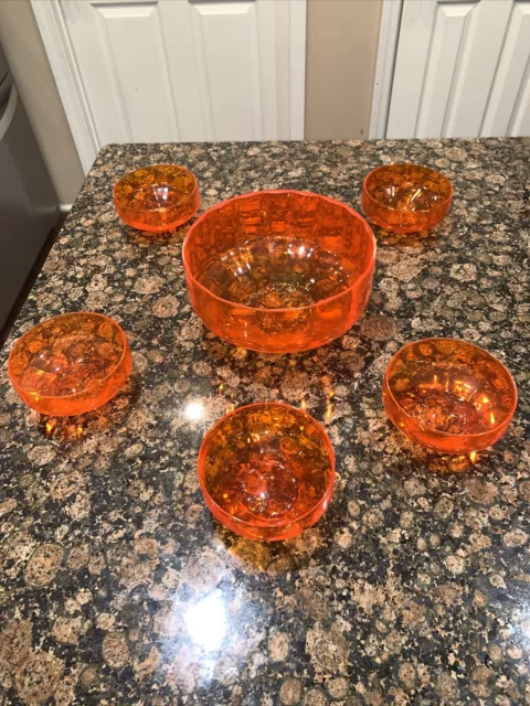 Beautiful Vintage Clear Blood Orange Bowl Set Lot Fruit MCM