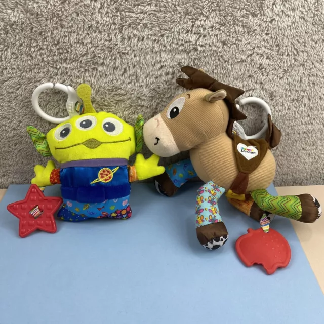 Lamaze Disney Baby Toy Story Clip & Go BULLSEYE & ALIEN Rattle Plush Doll Lot