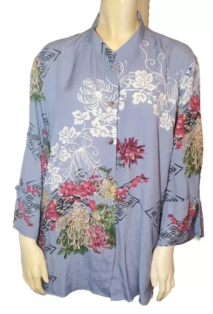 Citron Santa Monica 100% Silk Button Front Tunic Blue Floral Women’s Sz 1X