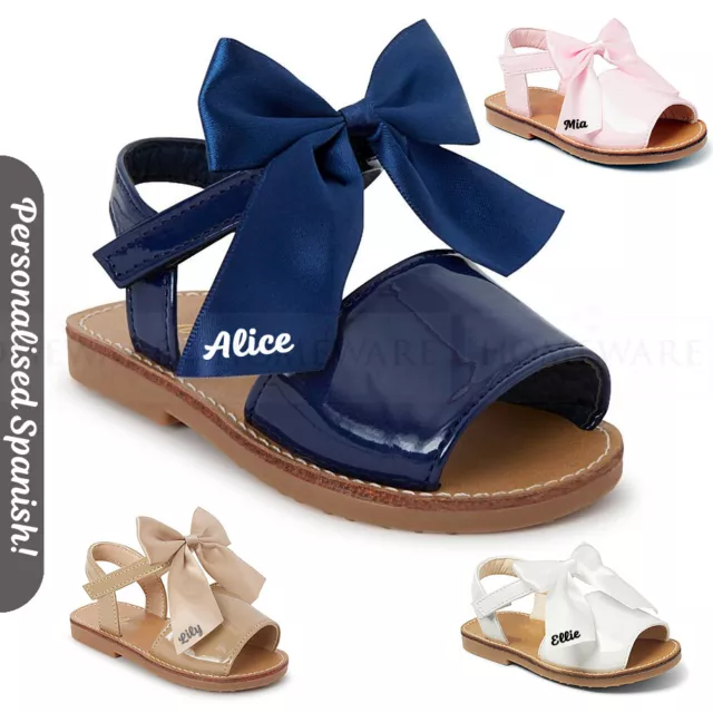 Mädchen Schleife Sandalen spanisch PERSONALISIERT Patent harte Sohle Baby Menorcan rosa weiß